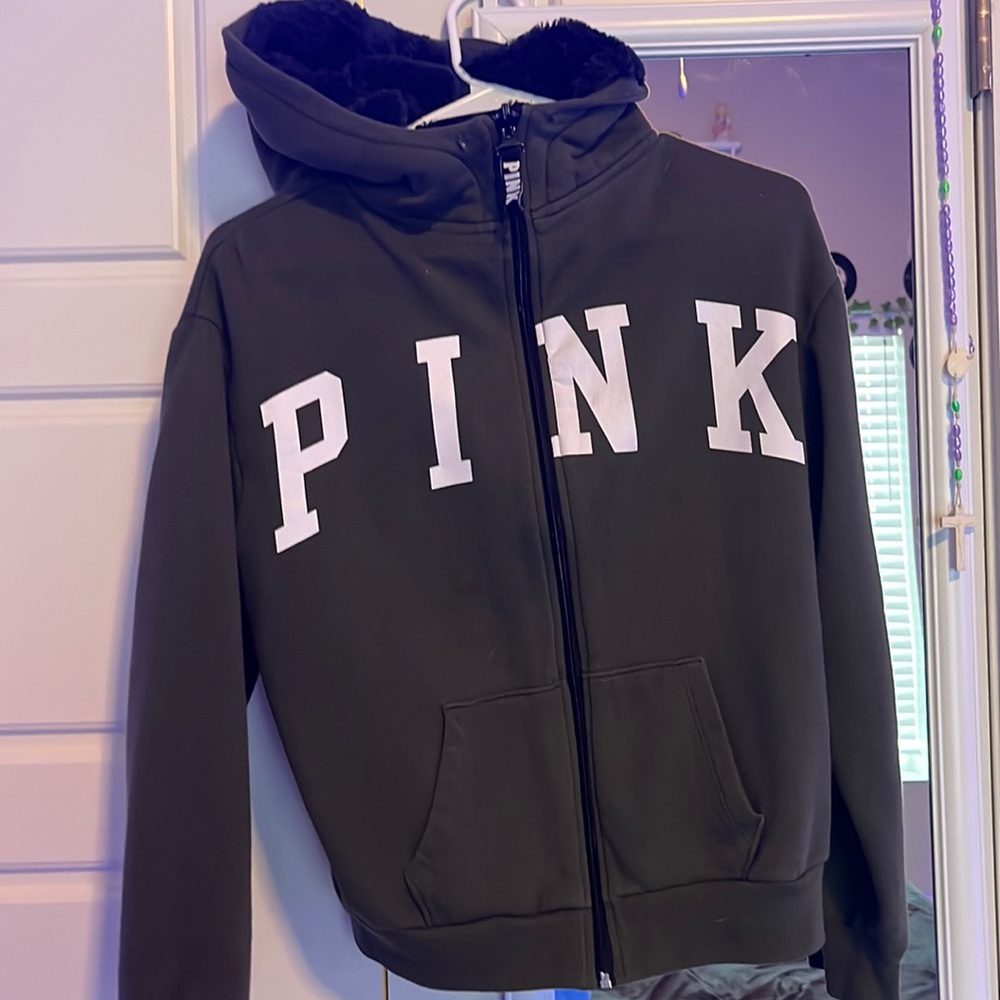 PINK zip up hoodie with fuzzy hood!